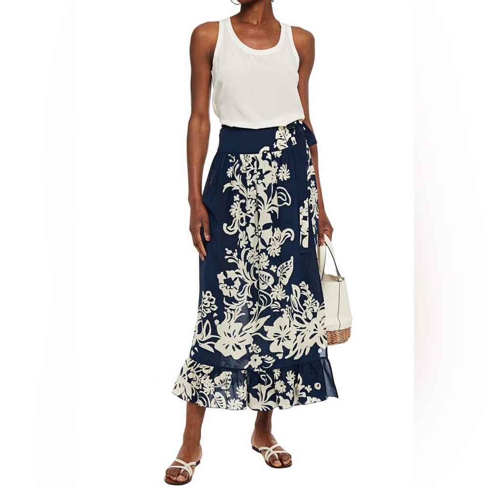 RED Valentino Silk Floral Wrap Skirt in Blue and Cream - size 40 IT/ 6 US/ S/M